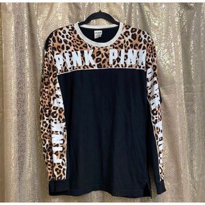 PINK Victorias Secret black/leopard print campus long sleeve, size XS